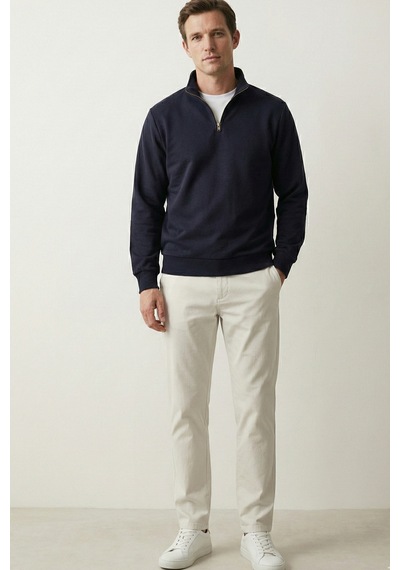Elemge Pamuklu Erkek Sweatshirt Lacivert Soft Touch Relax Fit Yarım Fermuarlı Dik Yaka 3 Iplik Nefes Alan