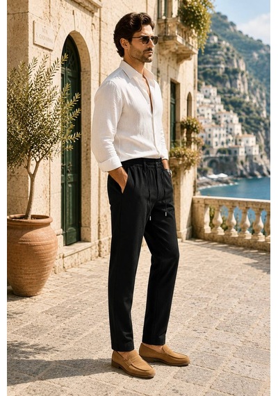 Danger Erkek Pamuk Viskon Kumaş Keten Görünümlü Siyah Slim Fit Pantolon - 216dngr