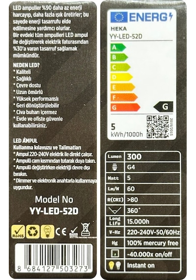 5 Adet Heka 5w 35w 3000k Sarı Işık G4 Duylu Dim Edilebilir Led Kapsül Ampul