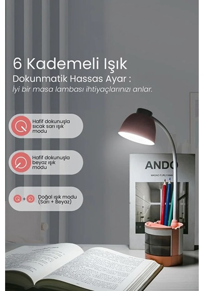 Göz Korumalı Led Masa Lambası Mavi Işık Filtreli, 4 Işık Modlu, Telefon Tutuculu, 360 Esnek Gövde Pembe