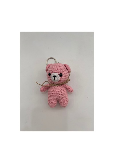 El Yapımı Amigurumi Ayıcık Anahtarlık - Örgü Figür, Jüt Fiyonklu 9-10 Cm Pembe Pembe