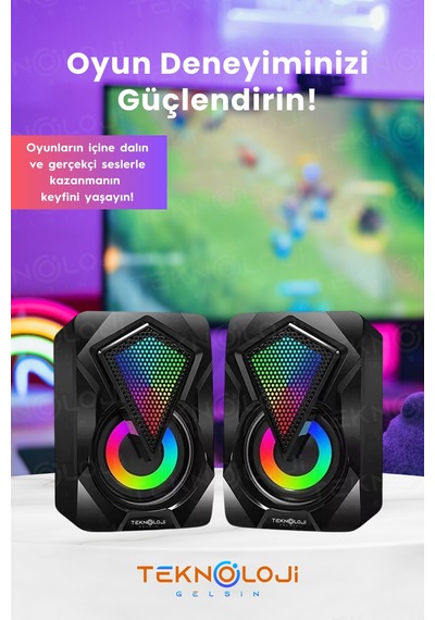 Bilgisayar Hoparlörü Led Işıklı Rgb Laptop Pc Uyumlu 1+1 Speaker