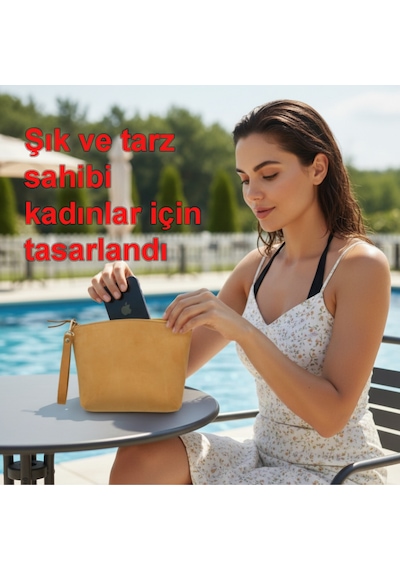 Luqa Leather Özel Tasarım El İşçiliği Deri Clutch Fermuarlı Bilek Çantası Sarı