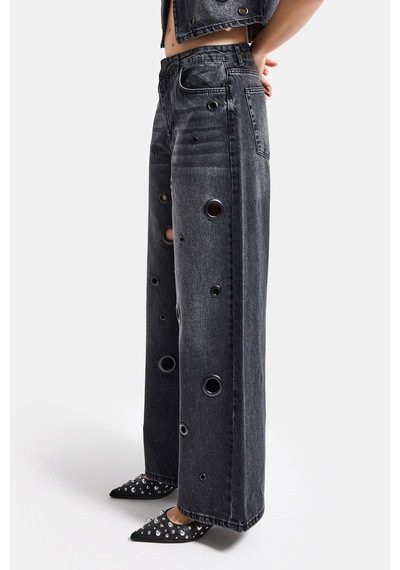 Itsbasic Kadın Koyu Füme 2s6-1 Baggy Fit Kuş Gözü Tasarım Denim Jean