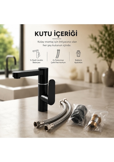 Lüx Premium Silva 360 Döner Borulu Siyah Banyo Lavabo Bataryası Musluğu Çeşmesi Modern Batarya