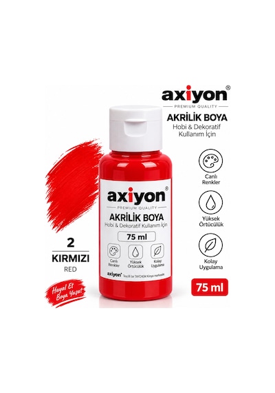 Axiyon Art Akrilik Boya 75 Ml Kırmızı 2'li Paket Su Bazlı Hobi Ve Dekoratif Boya