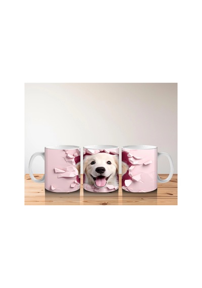 Pembe Kalp Duvarı Delen Sarı Köpek Baskılı Kahve Kupası Renkli