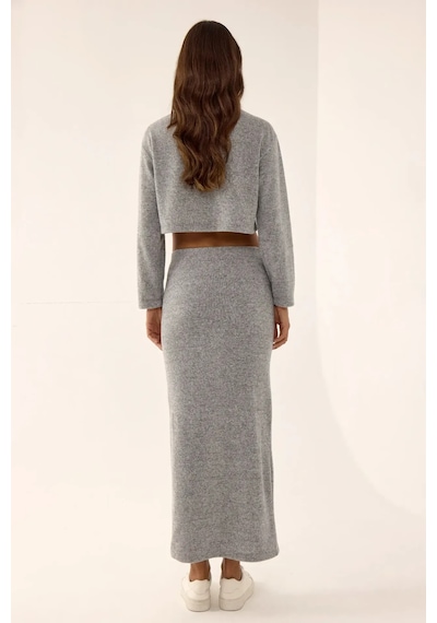 Hiccup Düşük Bel Örme Bodycon Maxi Etek Gri