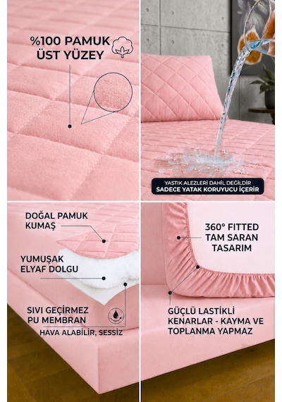 %100 Pamuk Renkli Kapitone Sıvı Geçirmez Alez Çarşaf - Pembe