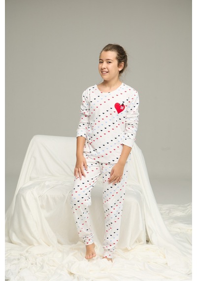 Siyah İnci Pamuklu Bisiklet Yaka Örme Pijama Takım25241125 Beyaz