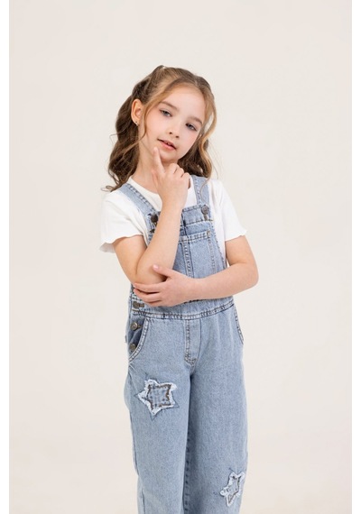 Dmb Kids Kot Yıldız Desenli Cepli Rahat Kesim Tulum Askılı Jean Kız Çocuk Salopet Mavi