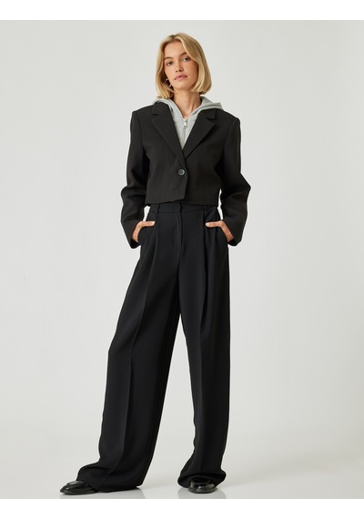 Koton Kapüşonlu Crop Blazer Ceket Kruvaze Düğmeli Siyah 5wak50052uw