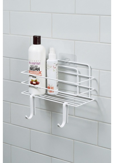 Sas Haus Tekli Beyaz Yapışkanlı Banyo Rafı + 2 Li Askı Kanca Seti Paslanmaz Metal Duş Şampuanlık Yapıştır/vidala Tş-01 Beyaz