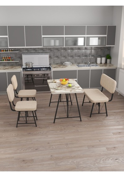 Mygusi Hayat 2 Sandalyeli 1 Bench Mutfak Masa Takımı Mermer Efes Krem