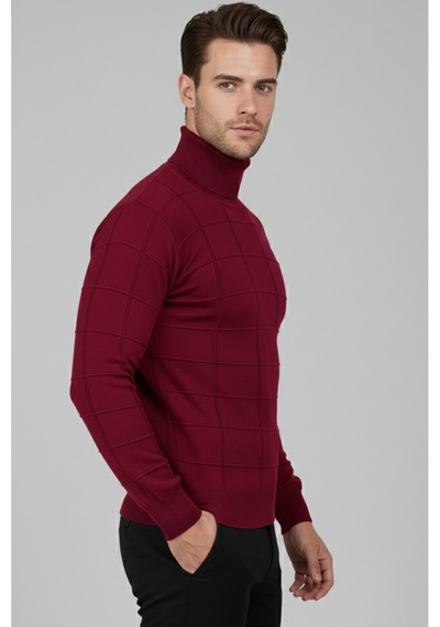 Rizzup Erkek Bordo Kare Desenli Balıkçı Yaka Slim Fit Boğazlı Triko Kazak 2505493
