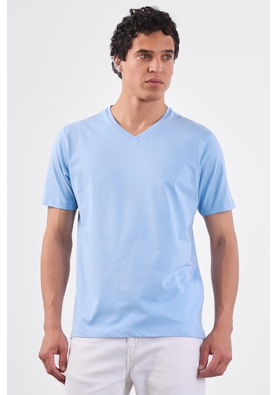 Dufy Açık Mavi V Yaka Pamuklu Düz Renk Slim Fit Erkek T-shirt Mavi