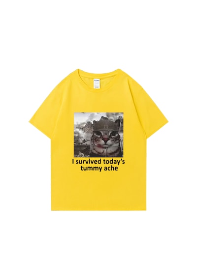Flood Of Style Komik Kedi Bugünden Karın Ağrısını Hayatta Kaldım T Shirt Yeni Erkek Pamuklu Tişört Kısa Koll Sarı