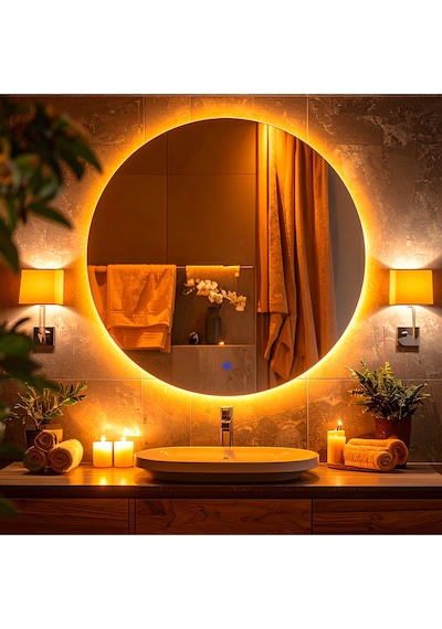 Swirl Amber Led'li Lazer Kumlamalı Lavabo & Banyo Aynası Dokunmatik Sensörlü 70 X 70 Turuncu