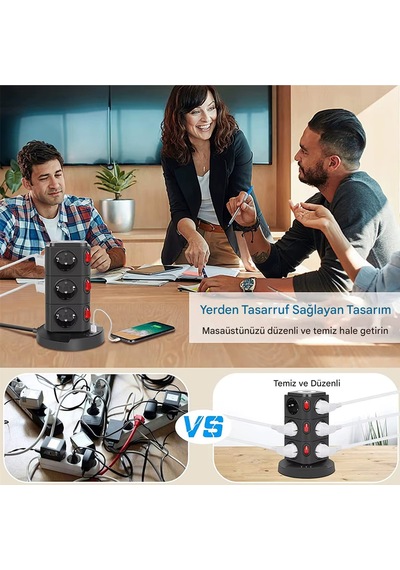 Akım Korumalı Priz Kablosuz Şarj İstasyonu 12xsoket 1xusb 2xtype-c 2 Mt Kablolu Grup Priz Çoğaltıcı 2 M