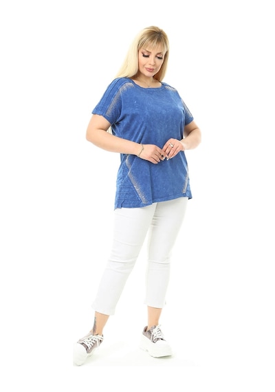 Mia Butik Büyük Beden Mavi Yuvarlak Yaka Bluz-1059 Mavi
