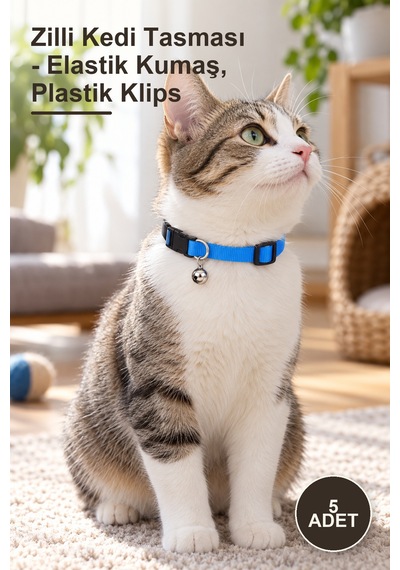 5 Adet Zilli Kedi Tasması - Elastik Kumaş, Plastik Klips