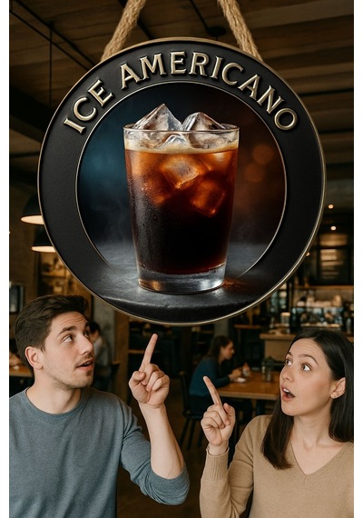 Ice Americano Temalı Yuvarlak Cafe Tabelası, Jüt İpli Ahşap Duvar & Kapı Dekoru, Barista Tarz Süs