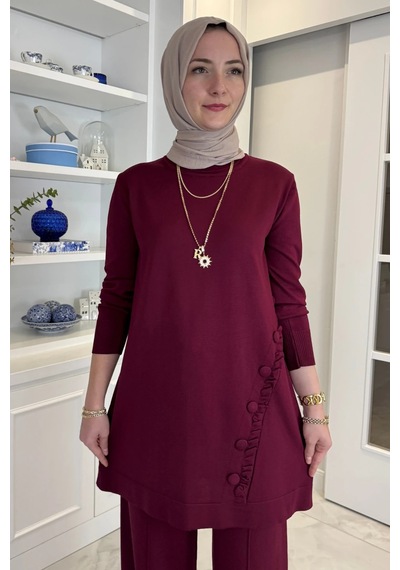 Rabia Şamlı Feryal Pantolonlu Triko Takım Bordo Normal