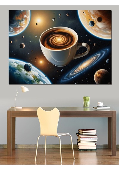Uzayda Kahve Keyfi Astronomi Tablo Dekoratif Kanvas - Mdf Ahşap Tablo
