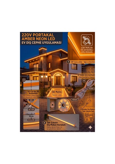 50 Metre Amber 220v Neon Led Şerit Led, Çok Parlak, Kesilebilir, Tak-çalıştır Fişli & Yedek Fişli,esnek Led