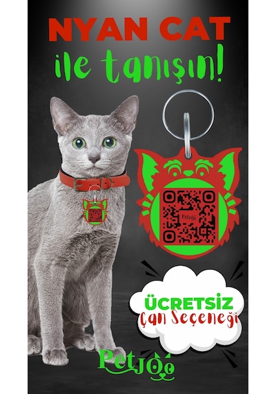 Petjoo 2.Nyan Cat Yeşil-Kırmızı Qr'lı Kedi Künyesi