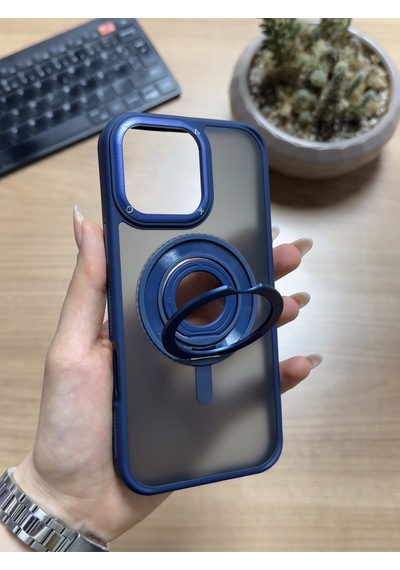 Apple Uyumlu iPhone 16 Pro Max Standlı Ve Yüzüklü Magsafe Kılıf Lacivert