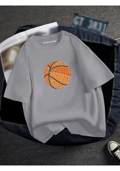 Oversıze Basketbol Topu Baskılı Unısex Tisort Baskılı Gri