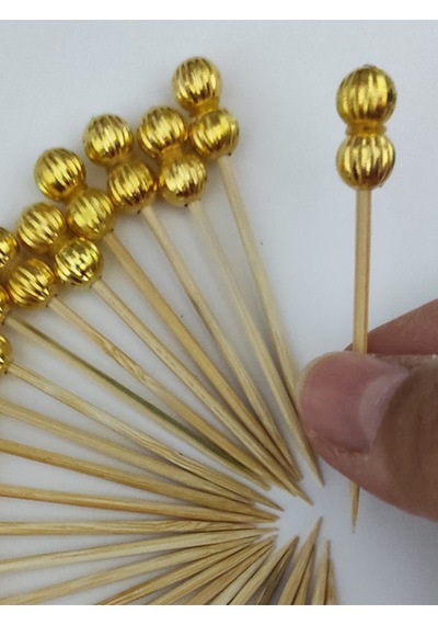 25 Adet Dekoratif Gold Çizgili Çift İnci Boncuklu Pasta Kürdanı 6,5 Cm - Boncuk 8 Mm