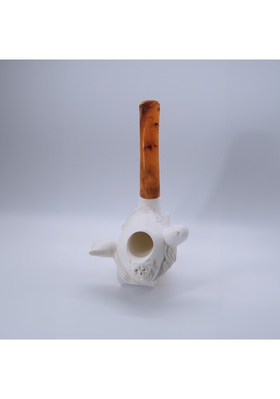 El Oyması Lületaşı Viking Pipo, Boynuzlu Miğferli Sakallı Figür, Akrilik Ağızlık