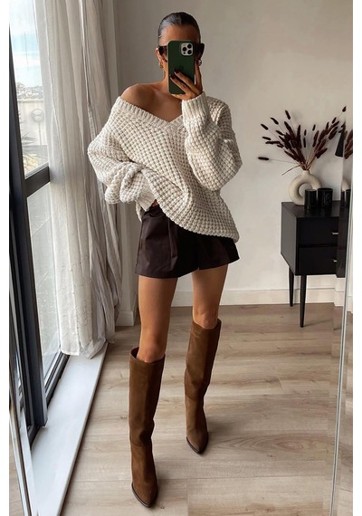 Madmext Ekru Oversize V Yaka Triko Kazak Mg1440