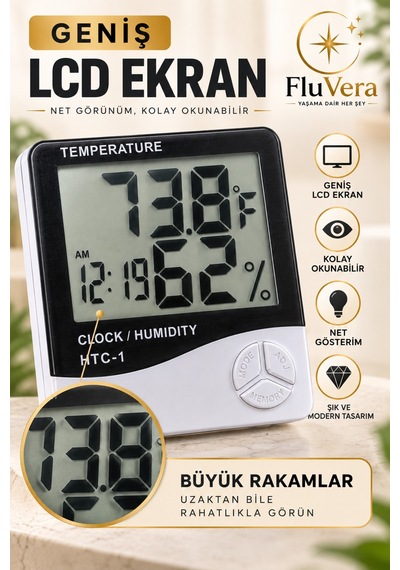 Dijital Termometre Nem Ölçer Saatli Higrometre Sıcaklık Ölçer Lcd Ekran