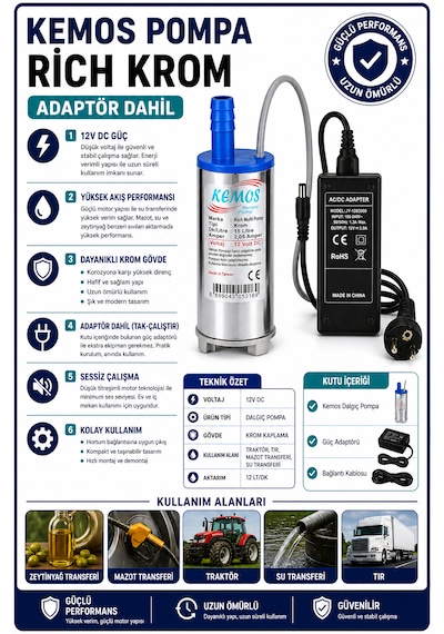 220-12 Volt Rich Krom Dalgıç Adaptörlü Mazot Aktarma Sıvı Transfer Pompası