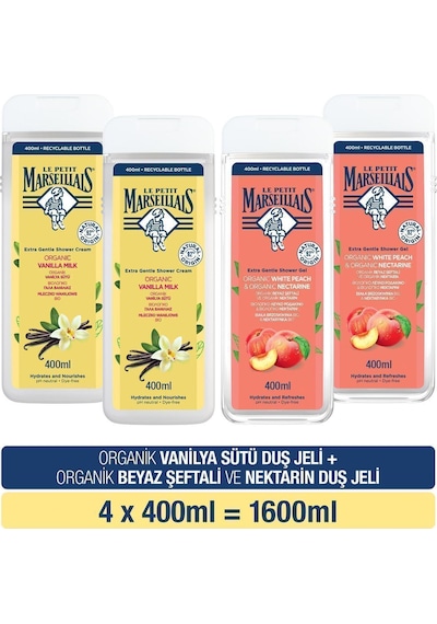 Le Petit Marseillais Organik Vanilya Sütü Duş Jeli 400 ml x2 + Beyaz Şeftali ve Nektarin Duş Jeli 400 ml x2
