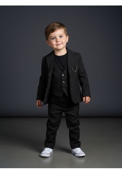 Zekids Erkek Çocuk Slim Fit 3 Lü Takım Elbise Ceket + Yelek + Pantolon -10333 Siyah