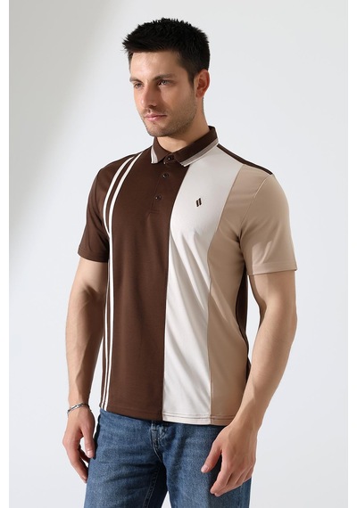 Rıbana Classıc Erkek Çizgili Şerit Detaylı Pamuklu Polo Yaka T-shirt Kahverengi