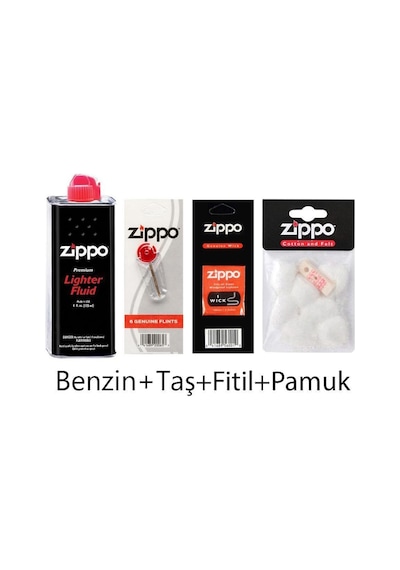 Zippo Çakmak Benzin+Taş+Fitil+Pamuk Keçe Seti