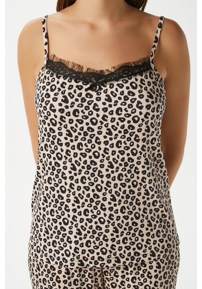 Ritnice Kadın Betty Leopar 3'lü Paket Sabahlıklı İp Askılı Dantelli Fitilli Örme Pijama Takımı Leopar