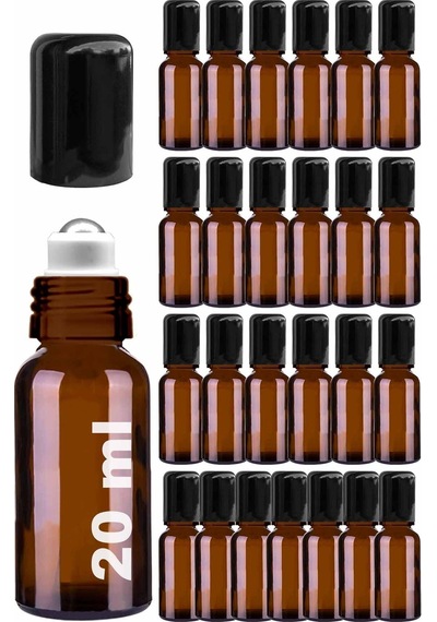 Çelik Roll On Şişesi 20 ML Sızdırmaz Siyah Kapaklı Amber Cam Şişe 25 Adet