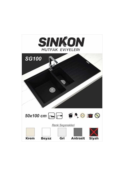Sinkon Siyah Granit Eviye 50 x 100 / 1.5 Göz - Sg100 - Sinkon