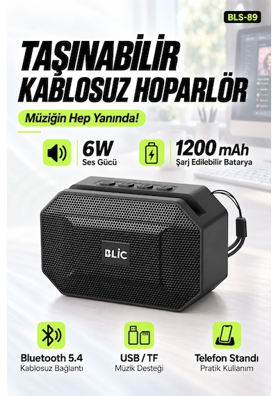 Blic Bls-89 Bluetooth 5.4 Taşınabilir Hoparlör Siyah 6w Rms, Telefon Standlı, Usb Ve Tf Kart Destekl