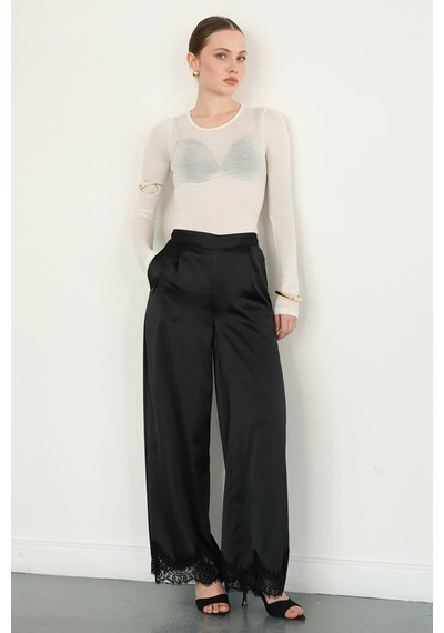Verymoda Paçası Dantelli Saten Pantolon D2969 Siyah