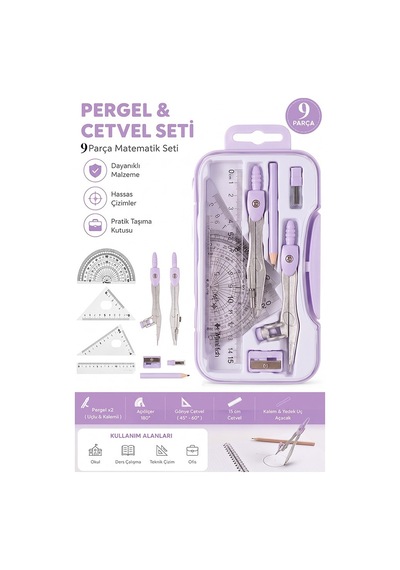 Metal Pergel Seti 9 Parça 1 Paket 9121 Profesyonel Pergel Çizim Proje Matematik Mimar Mühendis Çizim Seti Cetvel Gönye