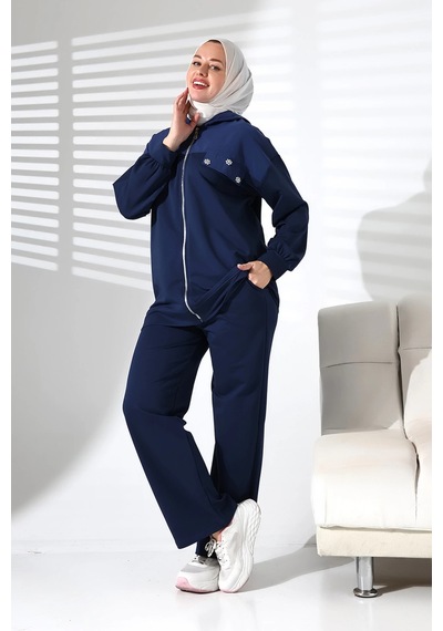 Mihran Butik Kadın Mevsimlik Alt Ve Üst Rahat Lacivert Spor Tesettür Takım Lacivert