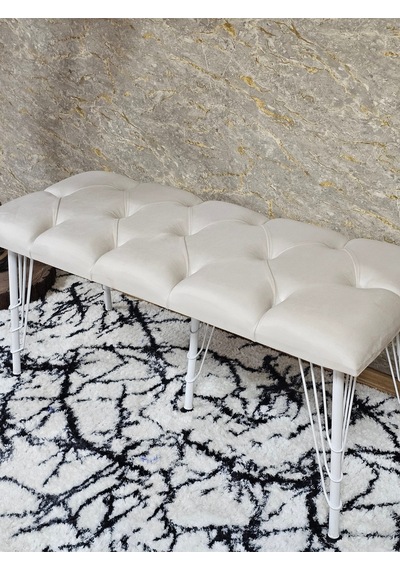 Zafir Metal Beyaz Tel Ayaklı 100 Cm Puf Bench - Puf - Bench - Oturak - Mutfak Oturağı - Antre Oturağı Krem
