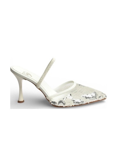 Fox Shoes Y726493615 Beyaz File Pullu İşlemeli İnce Topuklu Ayakkabı Beyaz